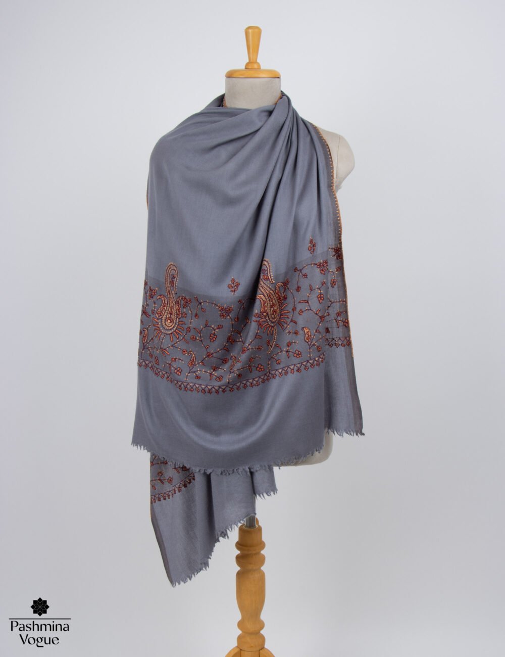 Gray Semi Pashmina Scarf Needlework Embroidery | Luxury Wrap
