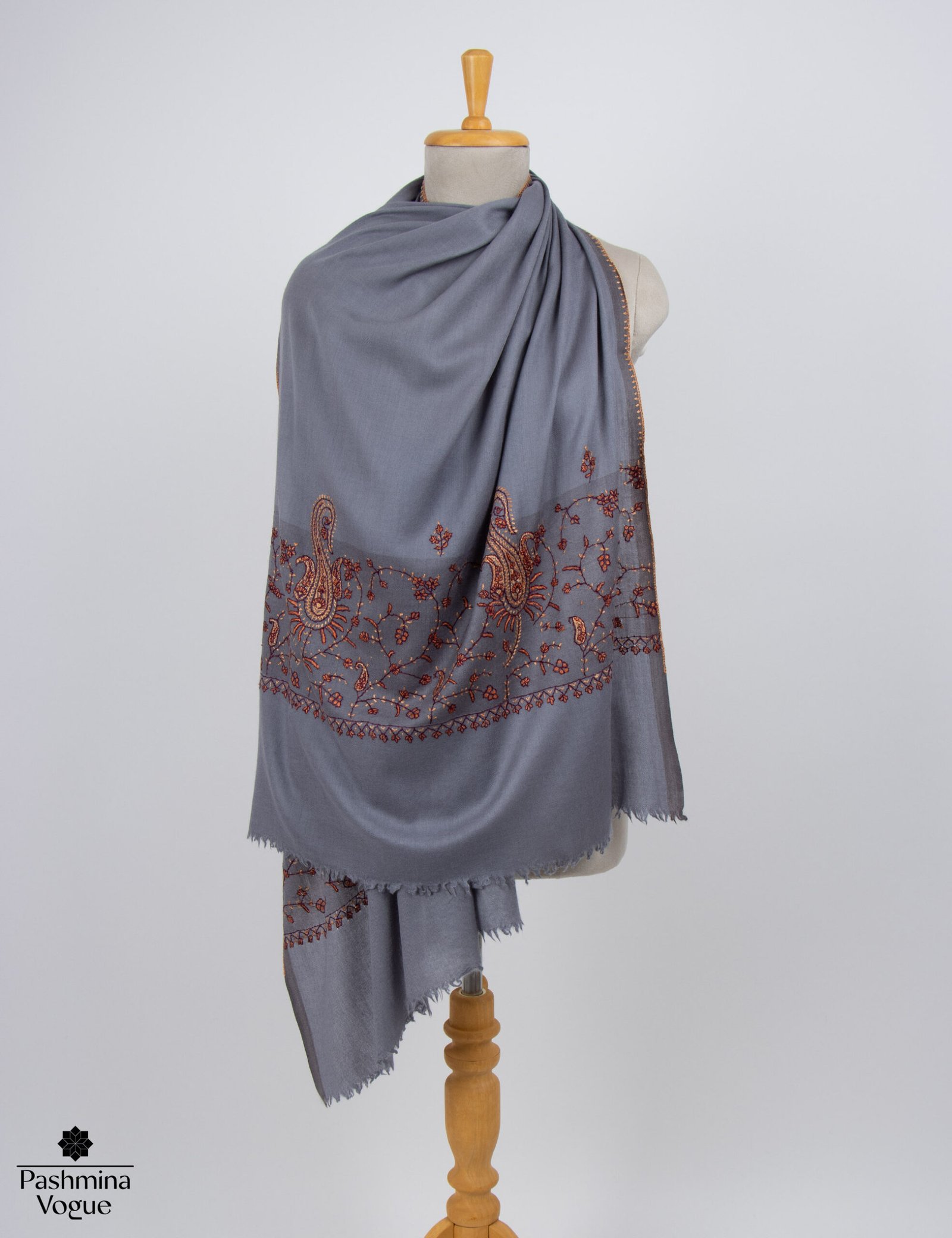 Gray Semi Pashmina Scarf Needlework Embroidery | Luxury Wrap