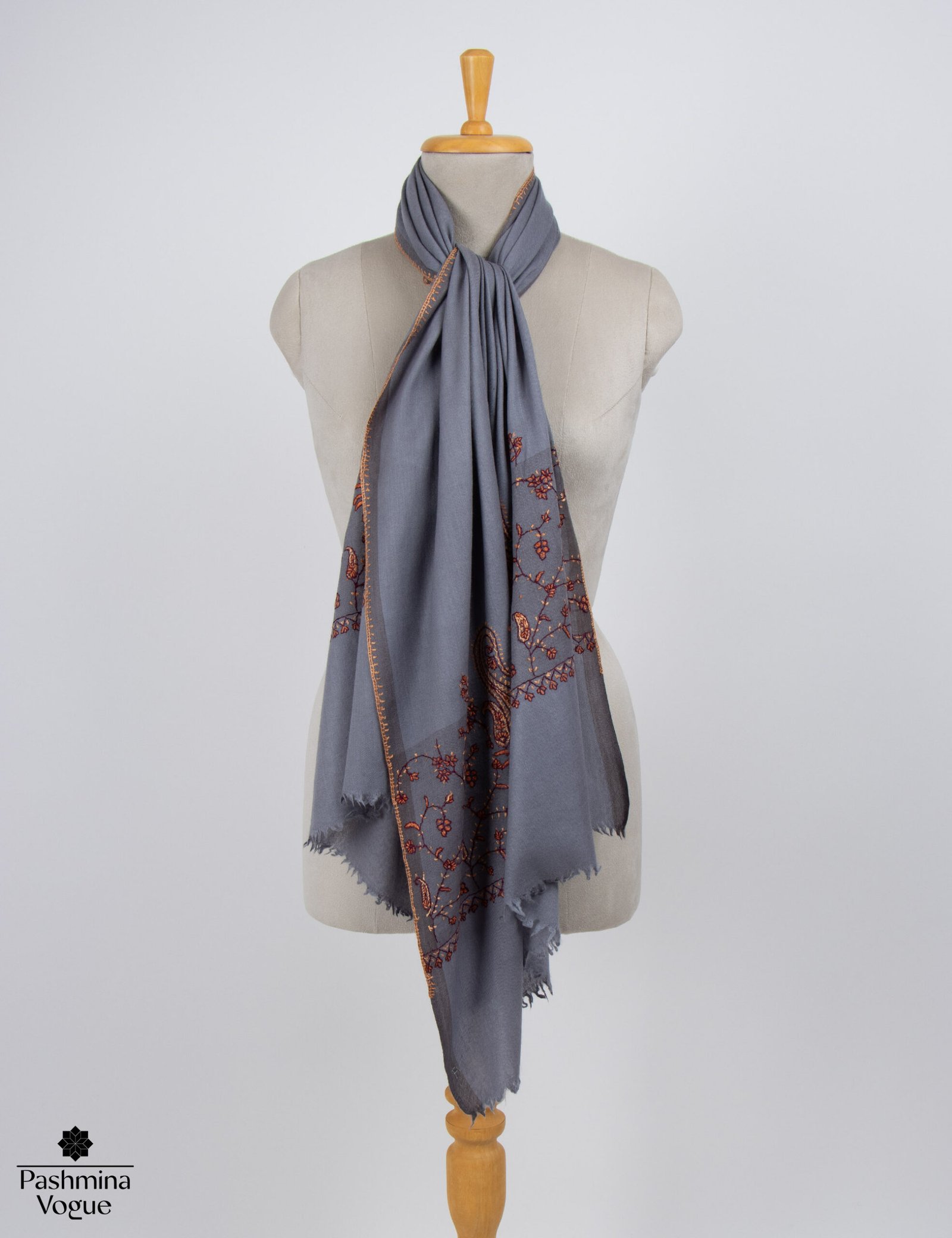 Gray Semi Pashmina Scarf Needlework Embroidery | Luxury Wrap