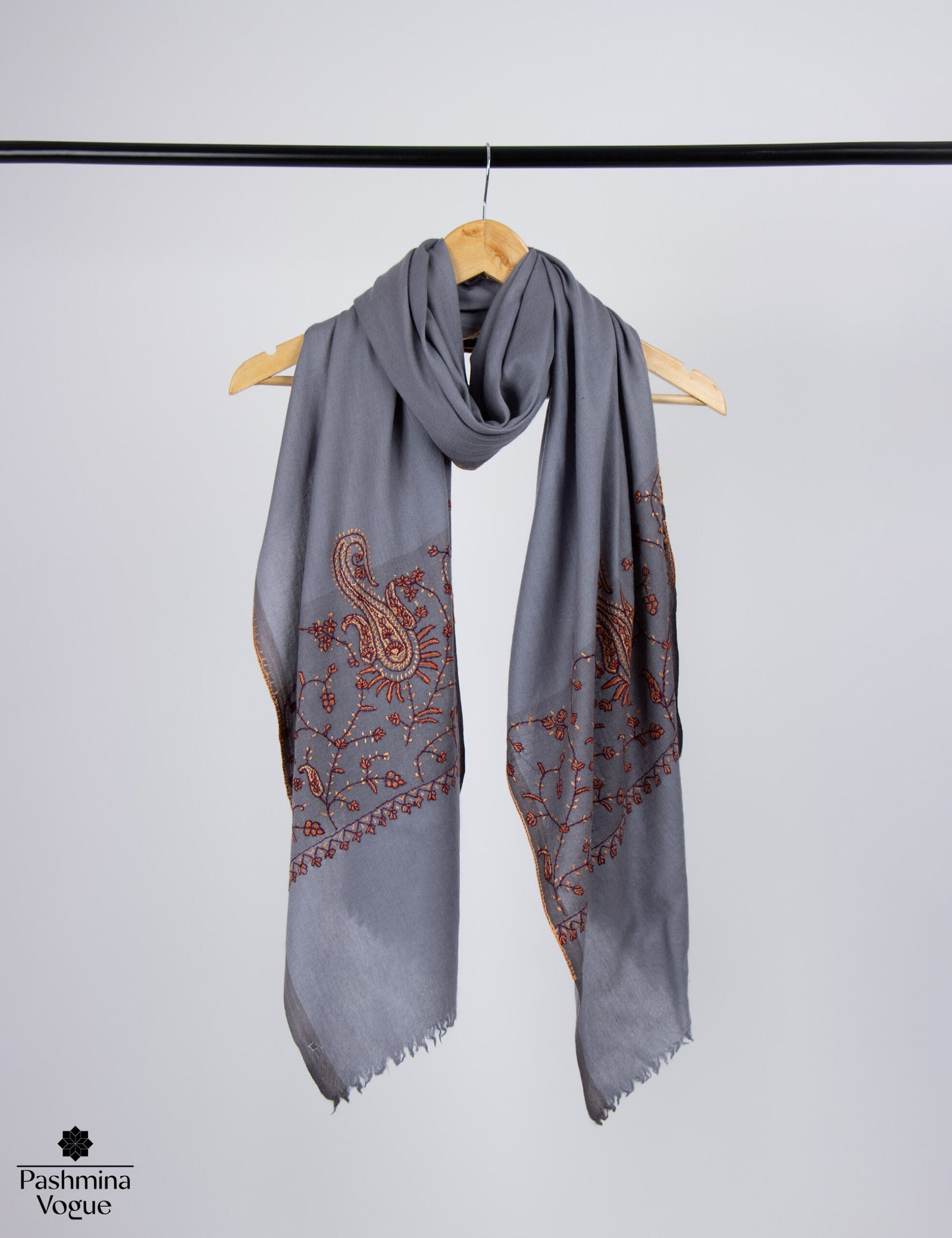 Gray Semi Pashmina Scarf Needlework Embroidery | Luxury Wrap