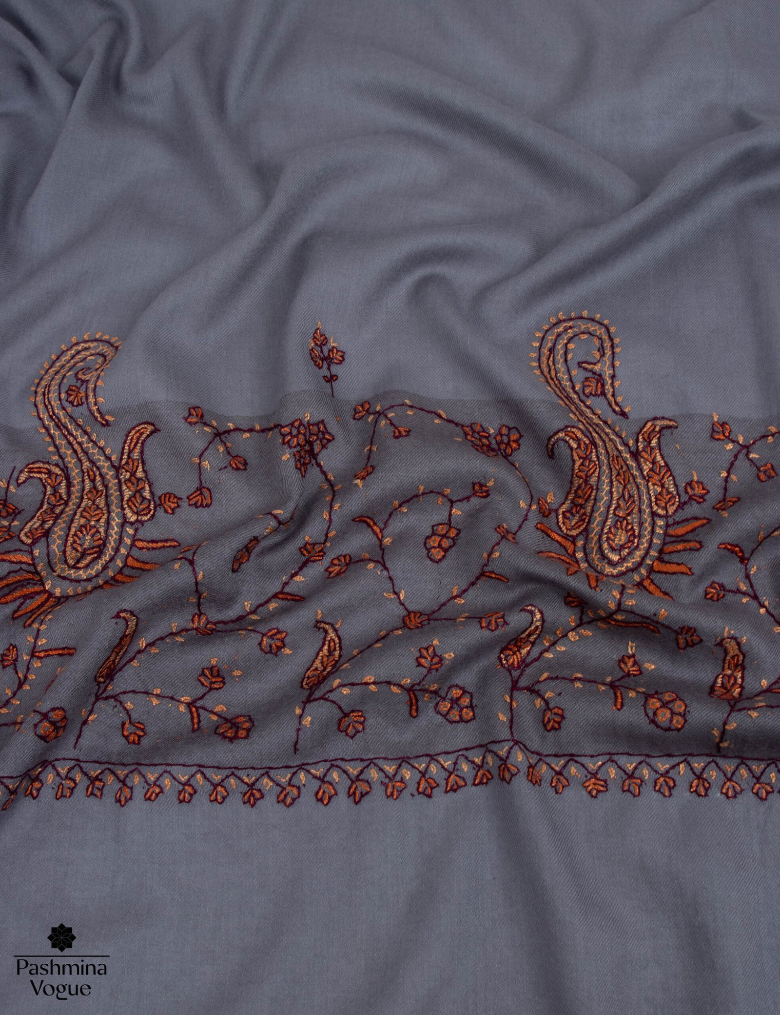 Gray Semi Pashmina Scarf Needlework Embroidery | Luxury Wrap