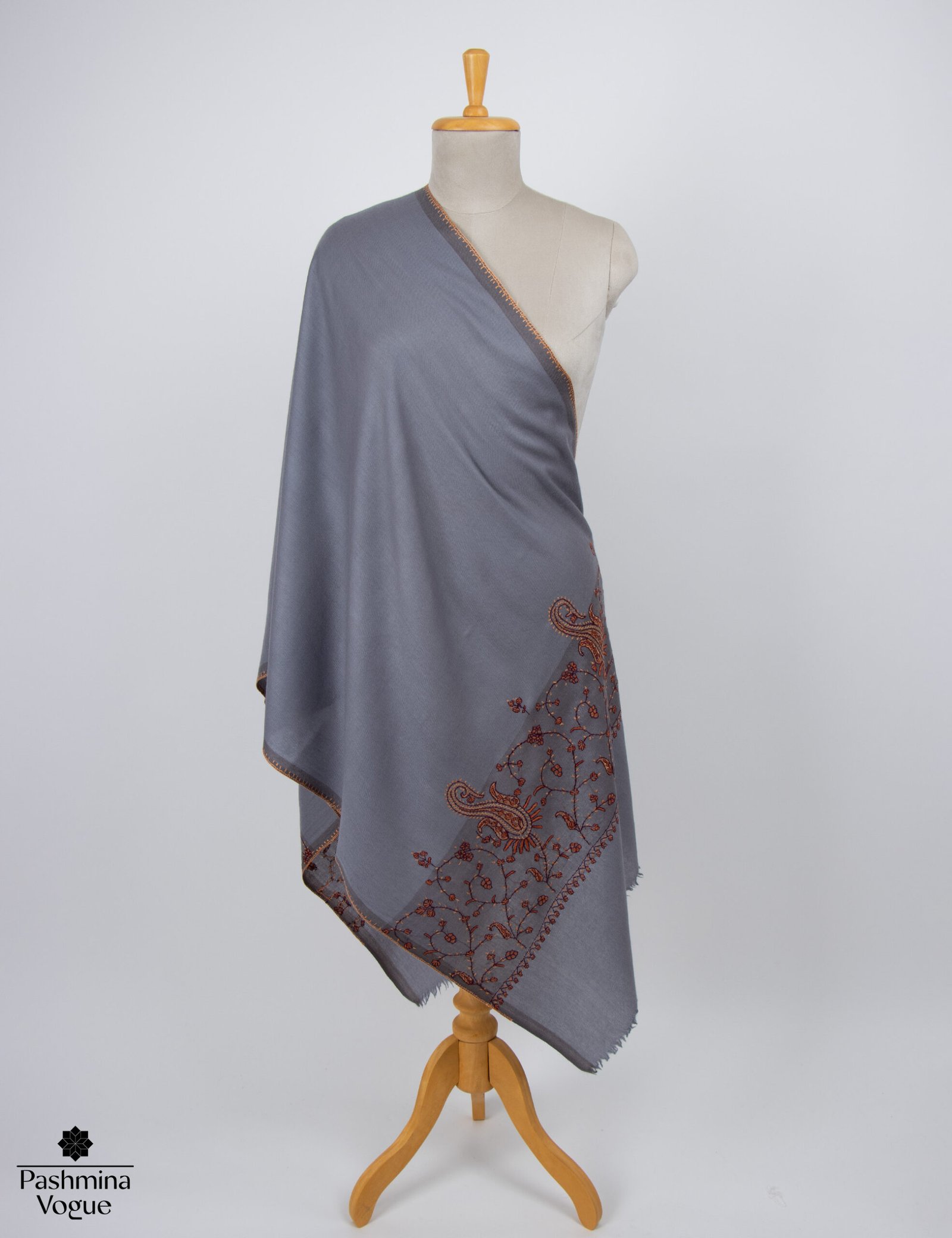 Gray Semi Pashmina Scarf Needlework Embroidery | Luxury Wrap