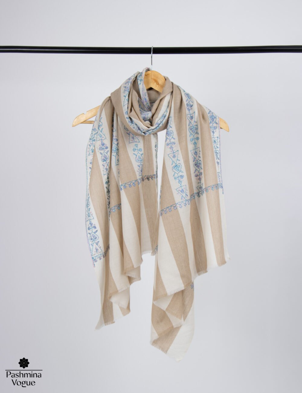 Beige and white natural wool wrap hand embroidered Kashmiri pashmina luxury needlework scarf authentic artisan gift for her Pashmina Vogue.