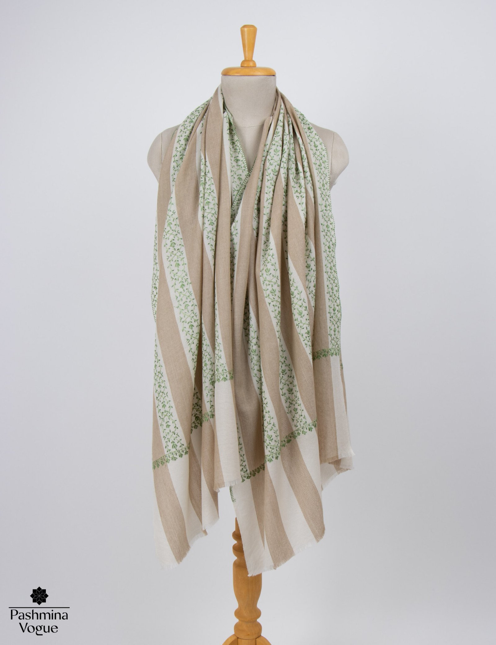 Beige and White Striped Wool Shawl Hand-Embroidered Wrap