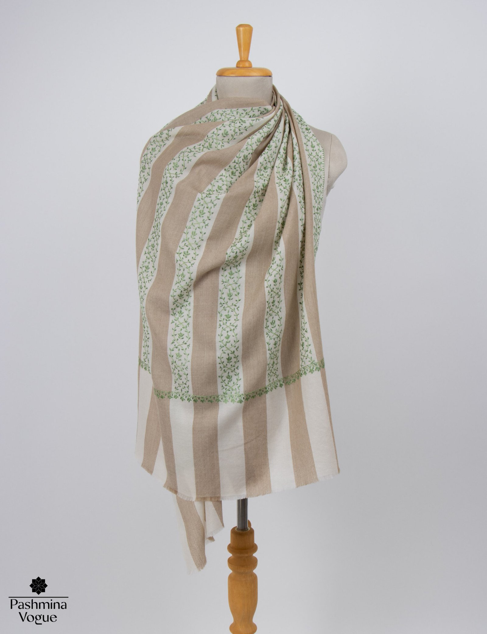 Beige and White Striped Wool Shawl Hand-Embroidered Wrap