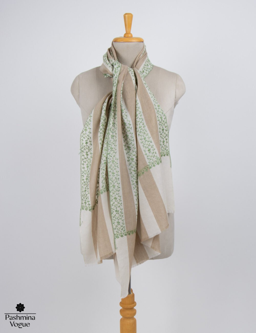Beige and White Striped Wool Shawl Hand-Embroidered Wrap