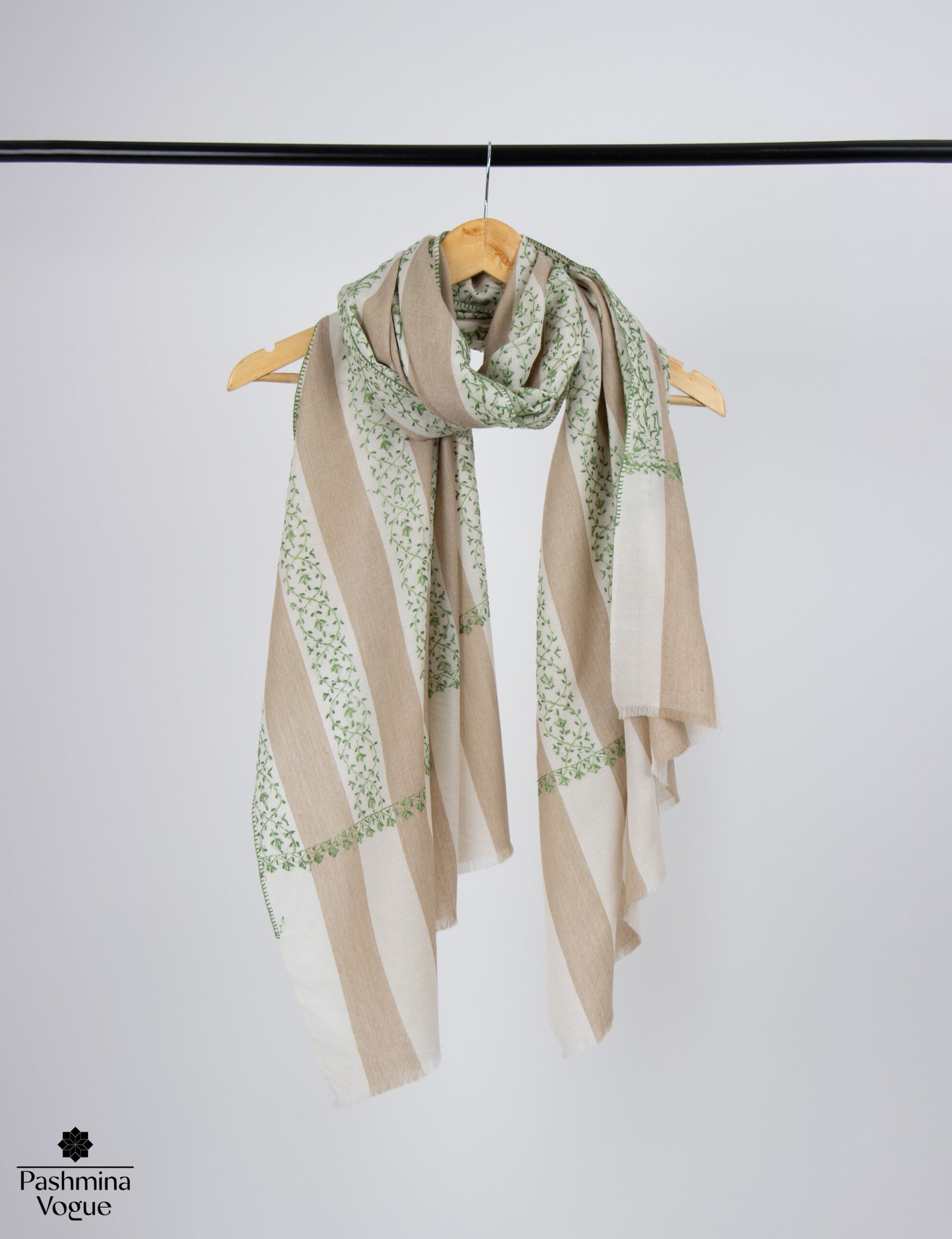 Beige and White Striped Wool Shawl Hand-Embroidered Wrap