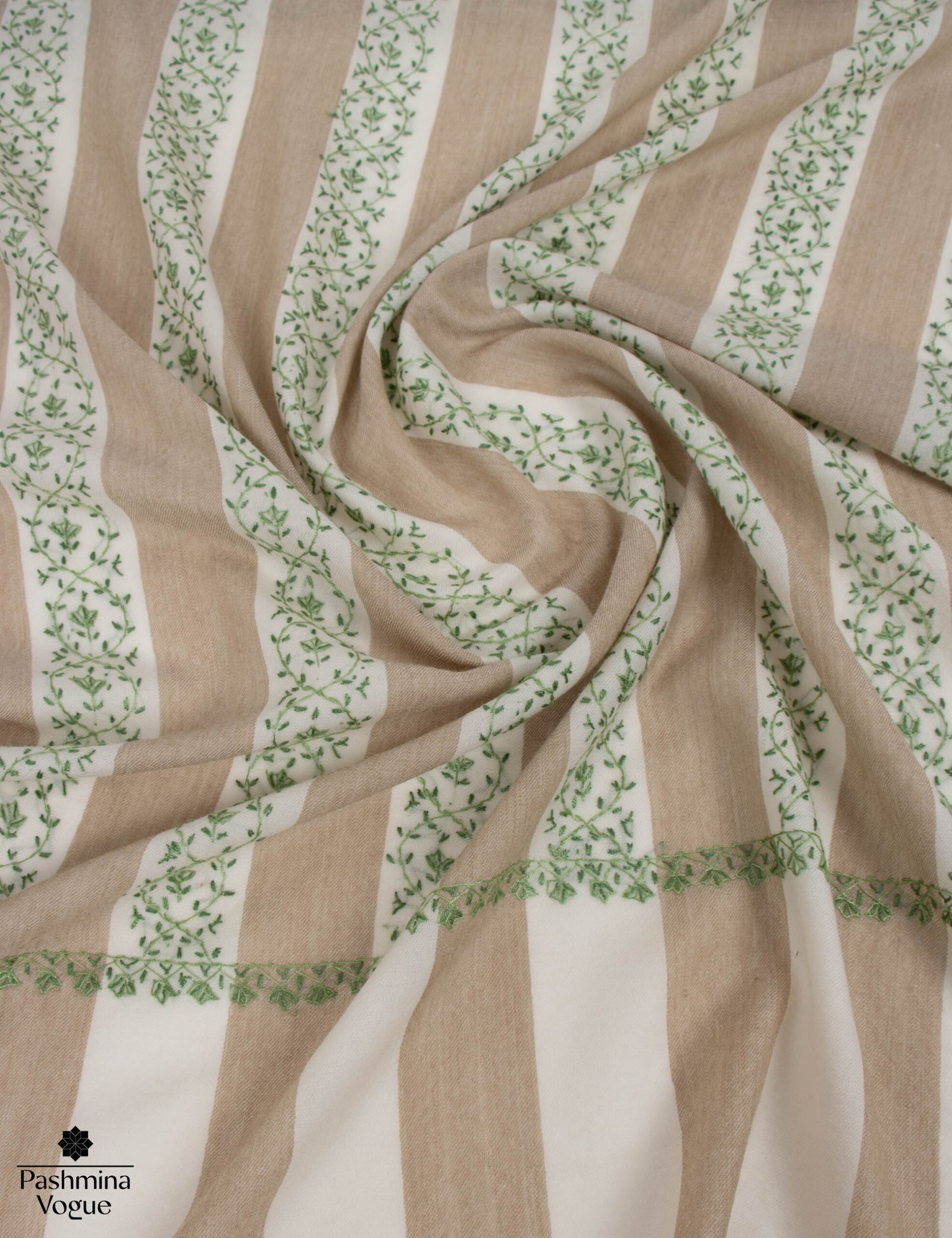 Beige and White Striped Wool Shawl Hand-Embroidered Wrap