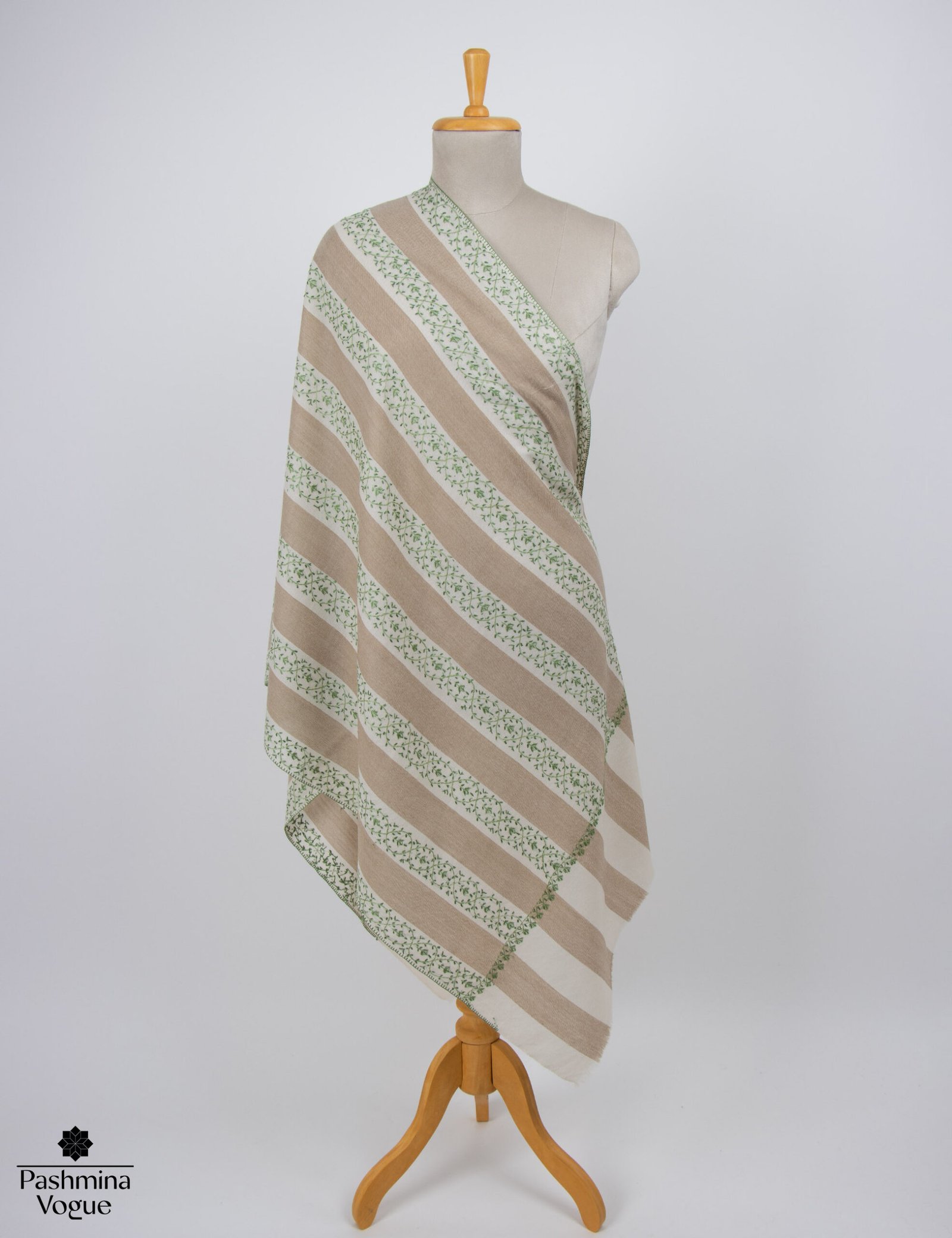 Beige and white striped wool shawl featuring delicate hand-embroidered Kashmiri Merino wrap needlework by Pashmina Vogue.